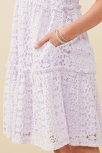 GY9425 Lavender Girls Ruffle V Neck Tiered Floral Lace Dress Detail