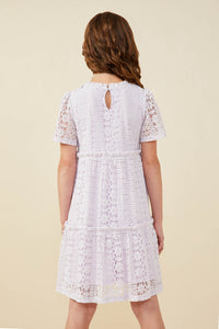 GY9425 Lavender Girls Ruffle V Neck Tiered Floral Lace Dress Back