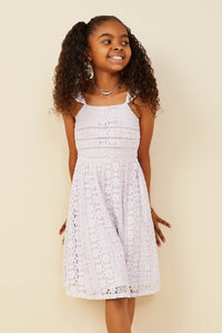 GY9426 Lavender Girls Pleated Bodice Ruffled Floral Lace Tank Dress Front