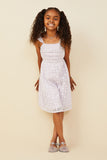 GY9426 Lavender Girls Pleated Bodice Ruffled Floral Lace Tank Dress Pose
