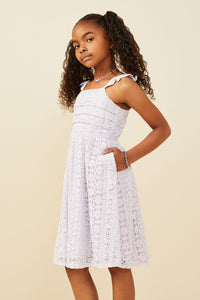 GY9426 Lavender Girls Pleated Bodice Ruffled Floral Lace Tank Dress Side