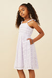 GY9426 Lavender Girls Pleated Bodice Ruffled Floral Lace Tank Dress Side