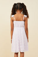 GY9426 Lavender Girls Pleated Bodice Ruffled Floral Lace Tank Dress Back