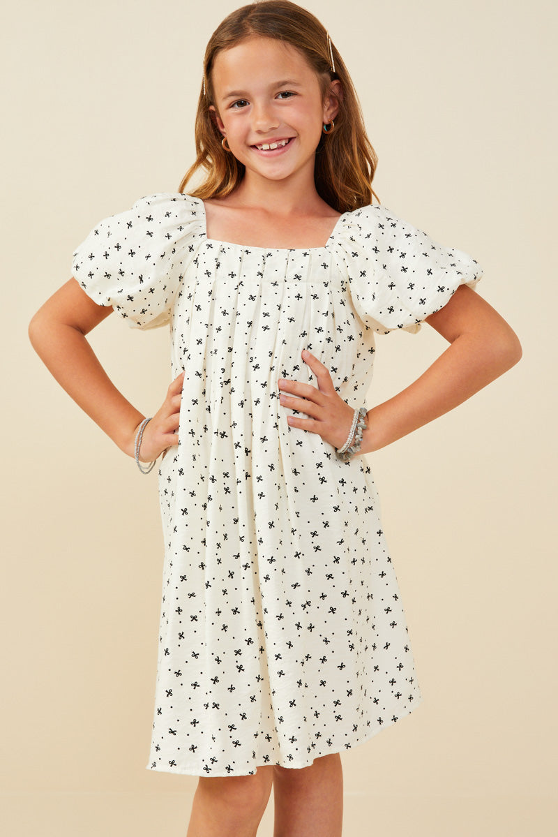 GY9429 Ivory Girls Ditsy Bow Print Box Pleated Puff Sleeve Dress Front