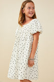 GY9429 Ivory Girls Ditsy Bow Print Box Pleated Puff Sleeve Dress Side