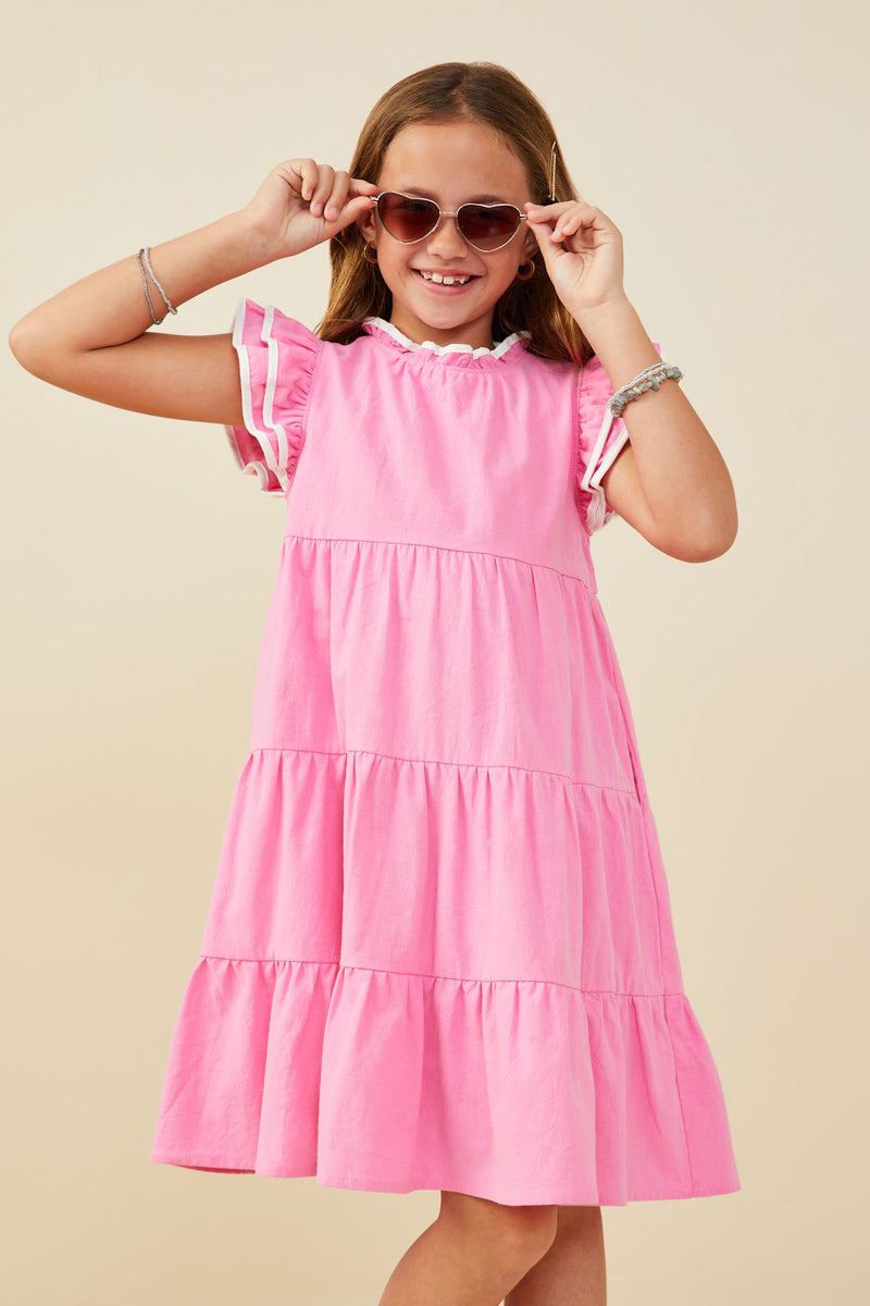 GY9433 Pink Girls Contrast Piped Ruffle Detail Dress Front
