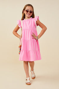 GY9433 Pink Girls Contrast Piped Ruffle Detail Dress Pose