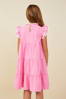 GY9433 Pink Girls Contrast Piped Ruffle Detail Dress Back