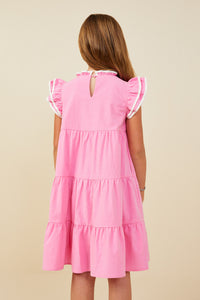 GY9433 Pink Girls Contrast Piped Ruffle Detail Dress Back