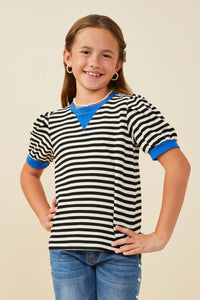 GY9440 Black Girls Contrast Banded Detail Puff Sleeve Knit Top Front