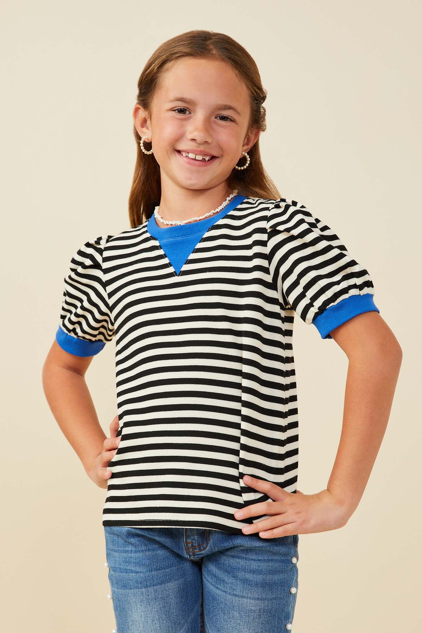 Contrast Banded Detail Puff Sleeve Knit Top