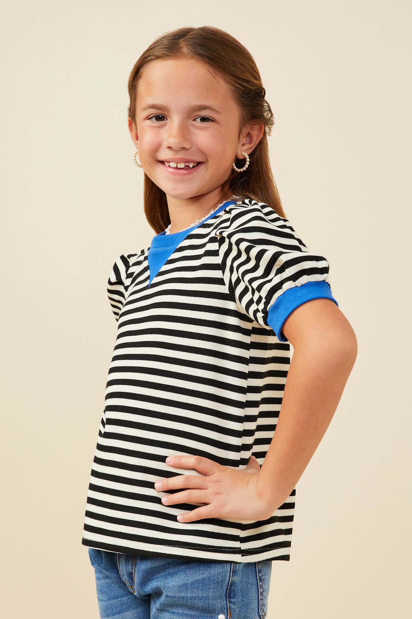 GY9440 Black Girls Contrast Banded Detail Puff Sleeve Knit Top Side