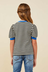 GY9440 Black Girls Contrast Banded Detail Puff Sleeve Knit Top Back