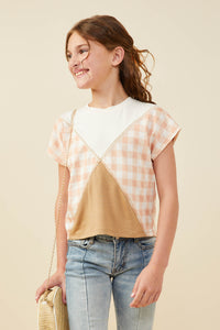 GY9442 Taupe Girls Print And Colorblock Overstitch Knit T Shirt Front