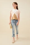 GY9442 Taupe Girls Print And Colorblock Overstitch Knit T Shirt Pose