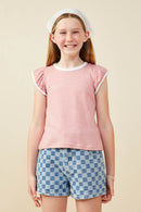 GY9444 Pink Girls Heathered Contrast Piped Ruffle Top Front