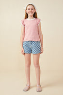 GY9444 Pink Girls Heathered Contrast Piped Ruffle Top Pose
