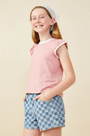 GY9444 Pink Girls Heathered Contrast Piped Ruffle Top Side