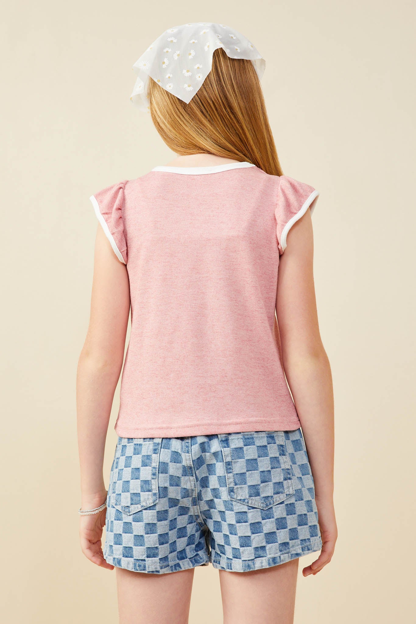 GY9444 Pink Girls Heathered Contrast Piped Ruffle Top Back