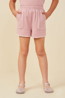 GY9446 Pink Girls Contrast Stitch Patch Pocket Rib Knit Shorts Front