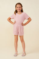 GY9446 Pink Girls Contrast Stitch Patch Pocket Rib Knit Shorts Full Body