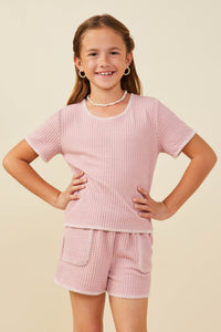 GY9447 Pink Girls Contrast Stitch Textured Rib Knit Top Front