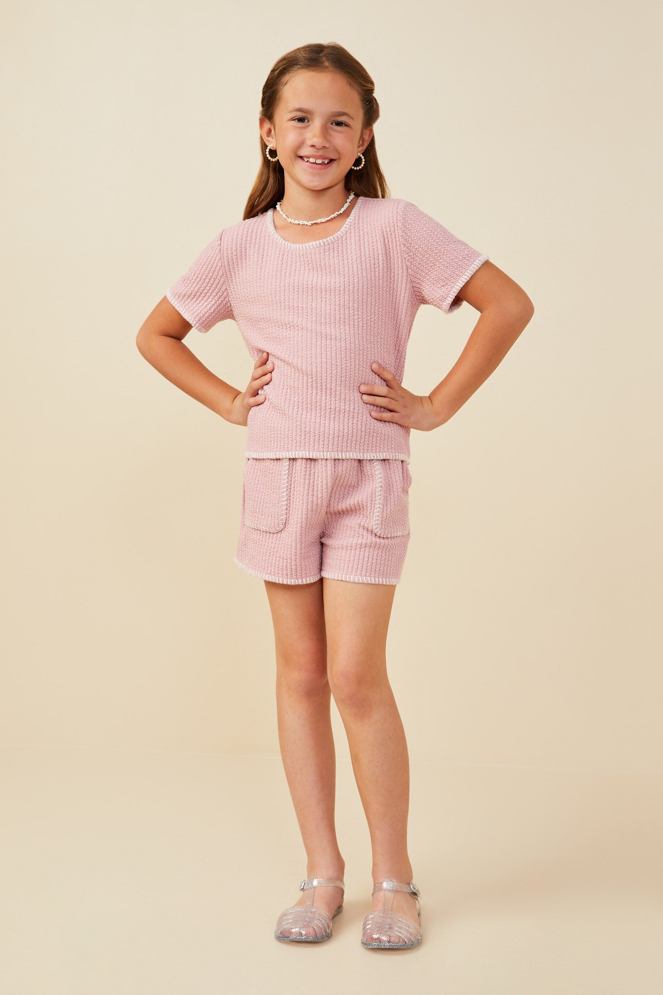GY9447 Pink Girls Contrast Stitch Textured Rib Knit Top Full Body
