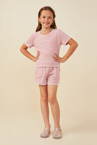 GY9447 Pink Girls Contrast Stitch Textured Rib Knit Top Full Body