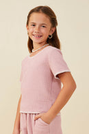 GY9447 Pink Girls Contrast Stitch Textured Rib Knit Top Side