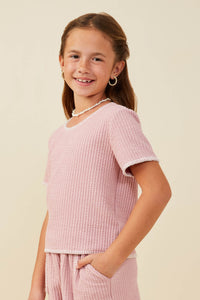 GY9447 Pink Girls Contrast Stitch Textured Rib Knit Top Side