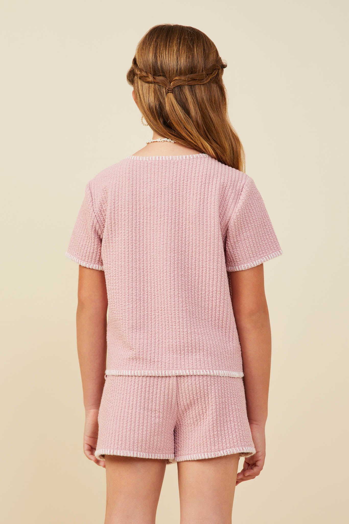 GY9447 Pink Girls Contrast Stitch Textured Rib Knit Top Back
