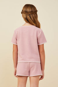 GY9447 Pink Girls Contrast Stitch Textured Rib Knit Top Back