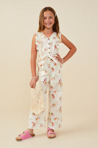 GY9449 Cream Girls Romantic Floral Belted Sleeveless Jumpsuit Pose