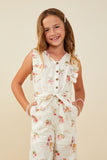 GY9449 Cream Girls Romantic Floral Belted Sleeveless Jumpsuit Front