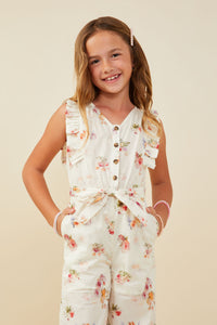 GY9449 Cream Girls Romantic Floral Belted Sleeveless Jumpsuit Front