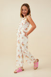 GY9449 Cream Girls Romantic Floral Belted Sleeveless Jumpsuit Side
