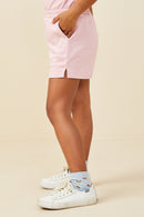 GY9454 Mauve Girls Bow Embroidered French Terry Boxer Shorts Side