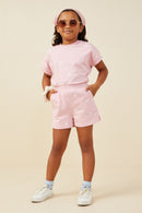 GY9454 Mauve Girls Bow Embroidered French Terry Boxer Shorts Pose