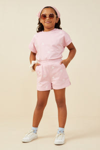 GY9454 Mauve Girls Bow Embroidered French Terry Boxer Shorts Pose