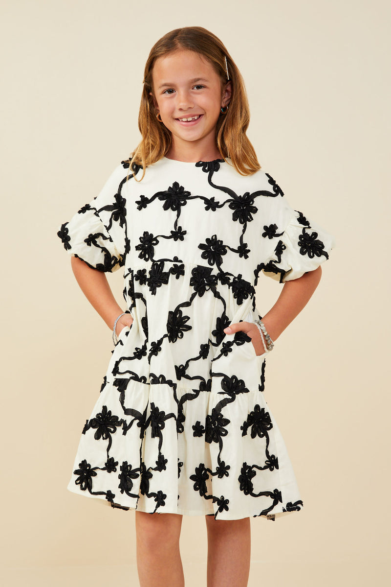 GY9459 Ivory Girls Floral Applique Ruffled Sleeve Dress Front