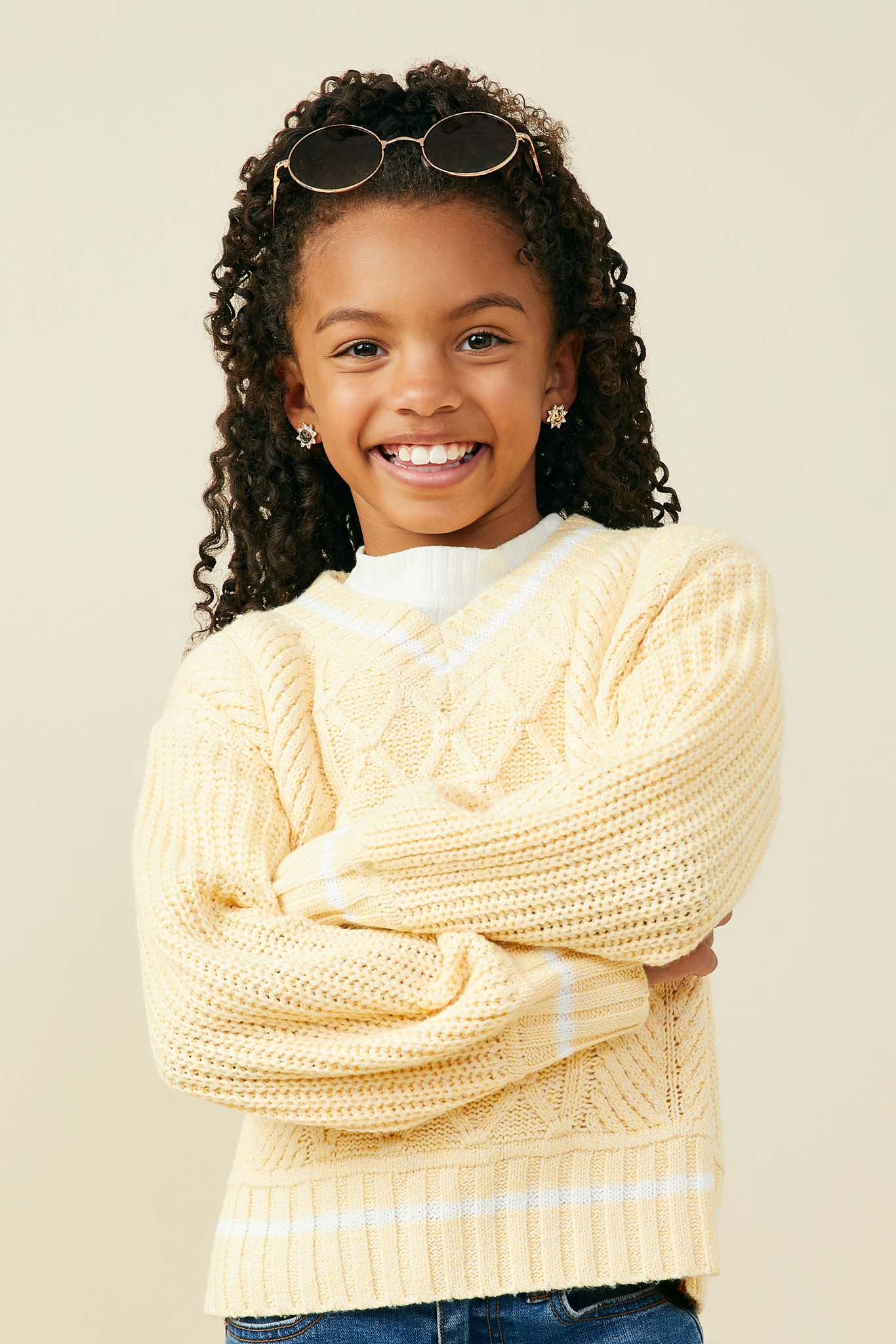 GY9469 Yellow Girls Mixed Cable Knit V Neck Varsity Sweater Top Front