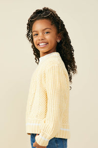 GY9469 Yellow Girls Mixed Cable Knit V Neck Varsity Sweater Top Side