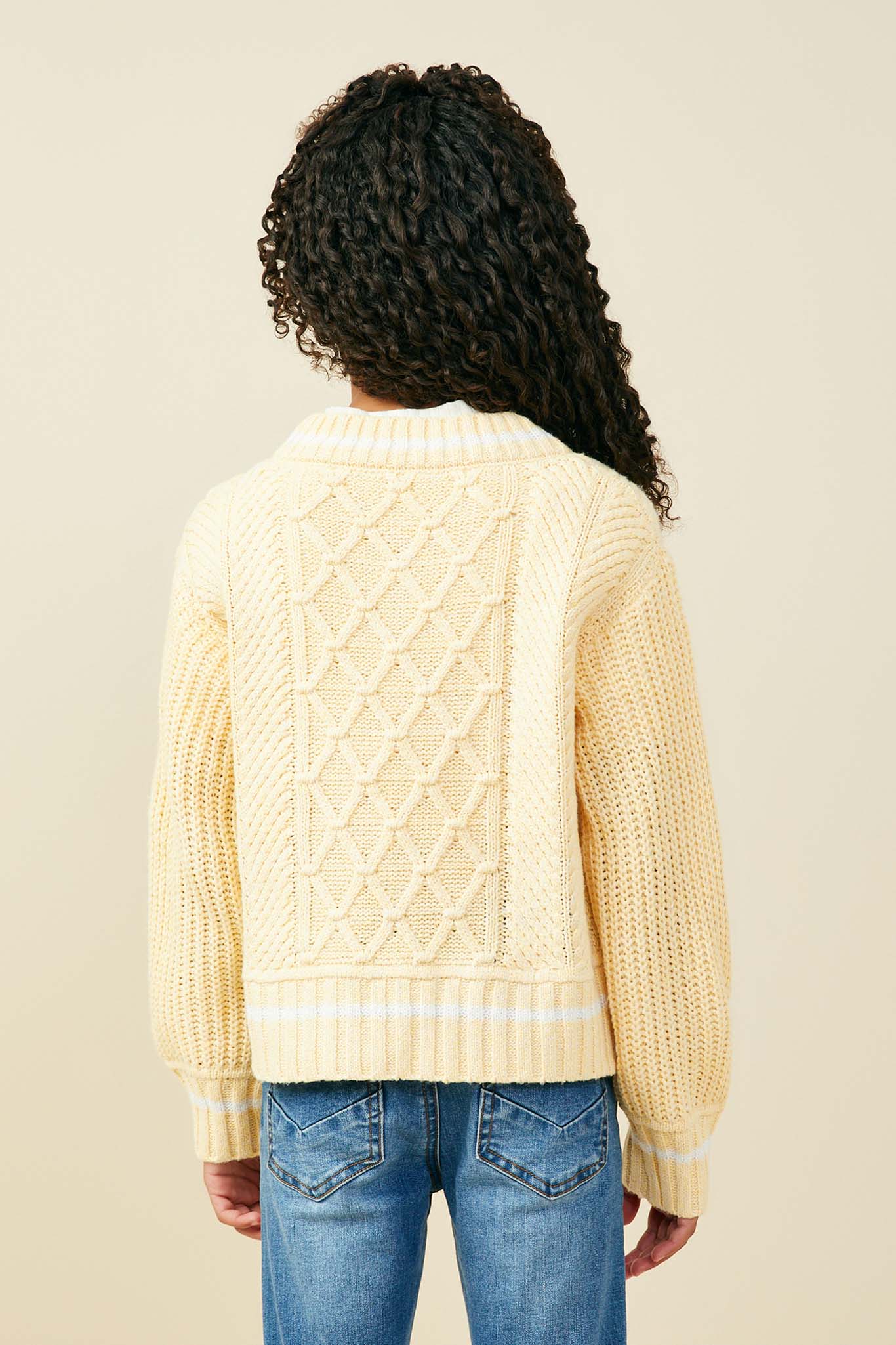 GY9469 Yellow Girls Mixed Cable Knit V Neck Varsity Sweater Top Back