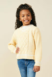GY9469 Yellow Girls Mixed Cable Knit V Neck Varsity Sweater Top Front 2