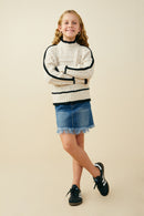 GY9473 Oatmeal Girls Contrast Piped Mixed Cable Knit Sweater Top Pose