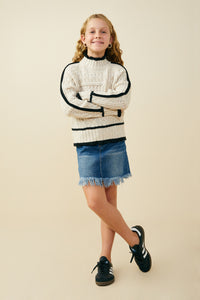 GY9473 Oatmeal Girls Contrast Piped Mixed Cable Knit Sweater Top Pose