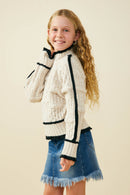 GY9473 Oatmeal Girls Contrast Piped Mixed Cable Knit Sweater Top Side