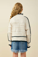 GY9473 Oatmeal Girls Contrast Piped Mixed Cable Knit Sweater Top Back