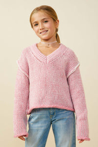 GY9478 Pink Girls Lightly Sequined V Neck Stitch Detail Sweater Top Front