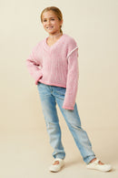 GY9478 Pink Girls Lightly Sequined V Neck Stitch Detail Sweater Top Pose